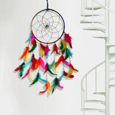 Handmade premium metal dreamcatcher wall art, intricately designed with feathers and beads, Native American cultural symbol for peace and good luck